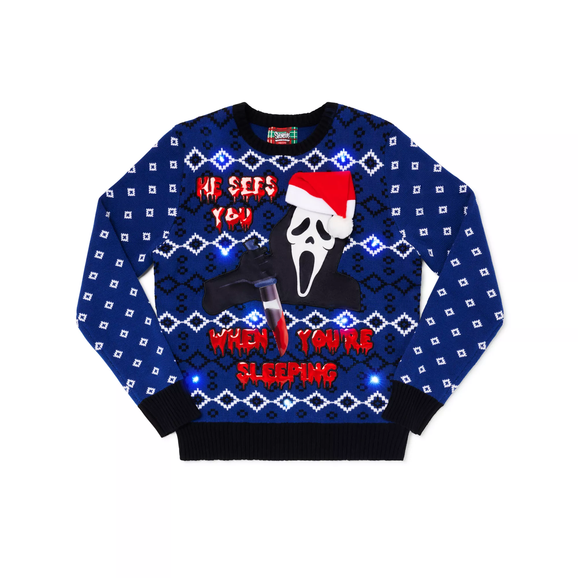 Light-Up Ghost Face He Sees You Christmas Sweater at Spencer's