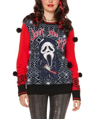 Light-Up Ghost Face Just the Tip Christmas Sweater, Black, X Large - Spirit Halloween