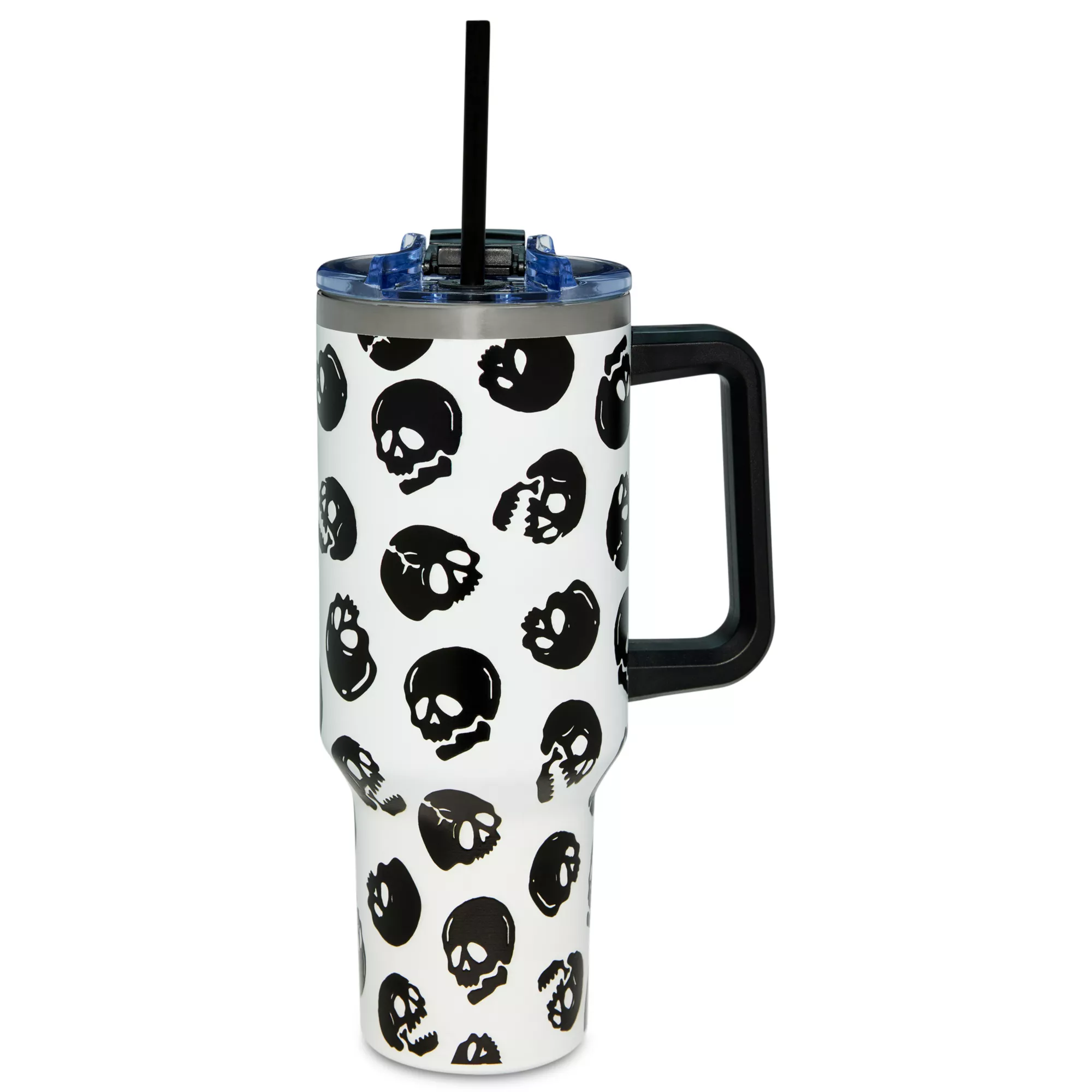 Black and White Glow in the Dark Skull Print Travel Tumbler with Straw - 40 oz. at Spencer's
