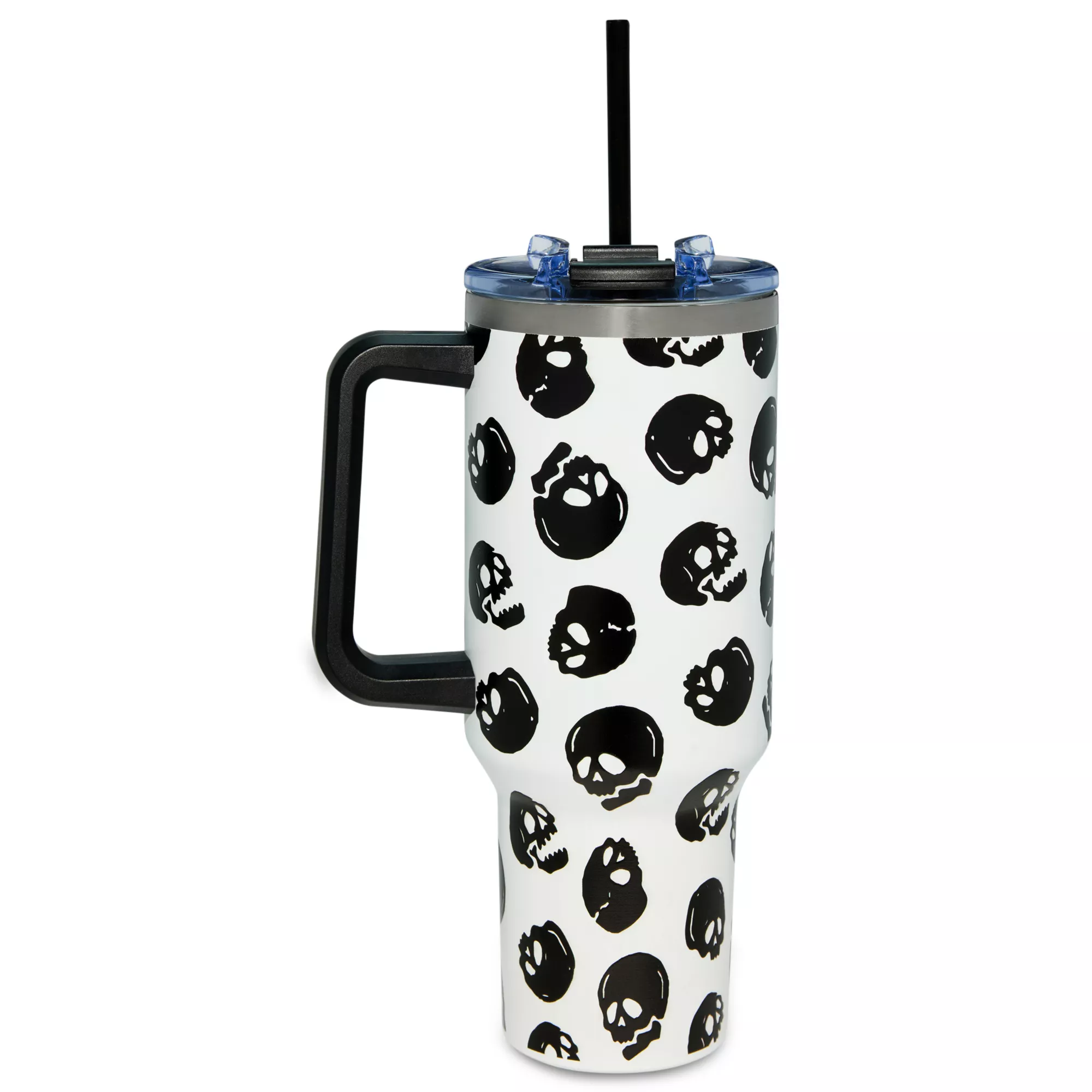 Black and White Glow in the Dark Skull Print Travel Tumbler with Straw - 40 oz. at Spencer's