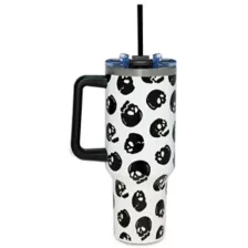 Black and White Glow in the Dark Skull Print Travel Cup with Straw - 40 oz. at Spencer's