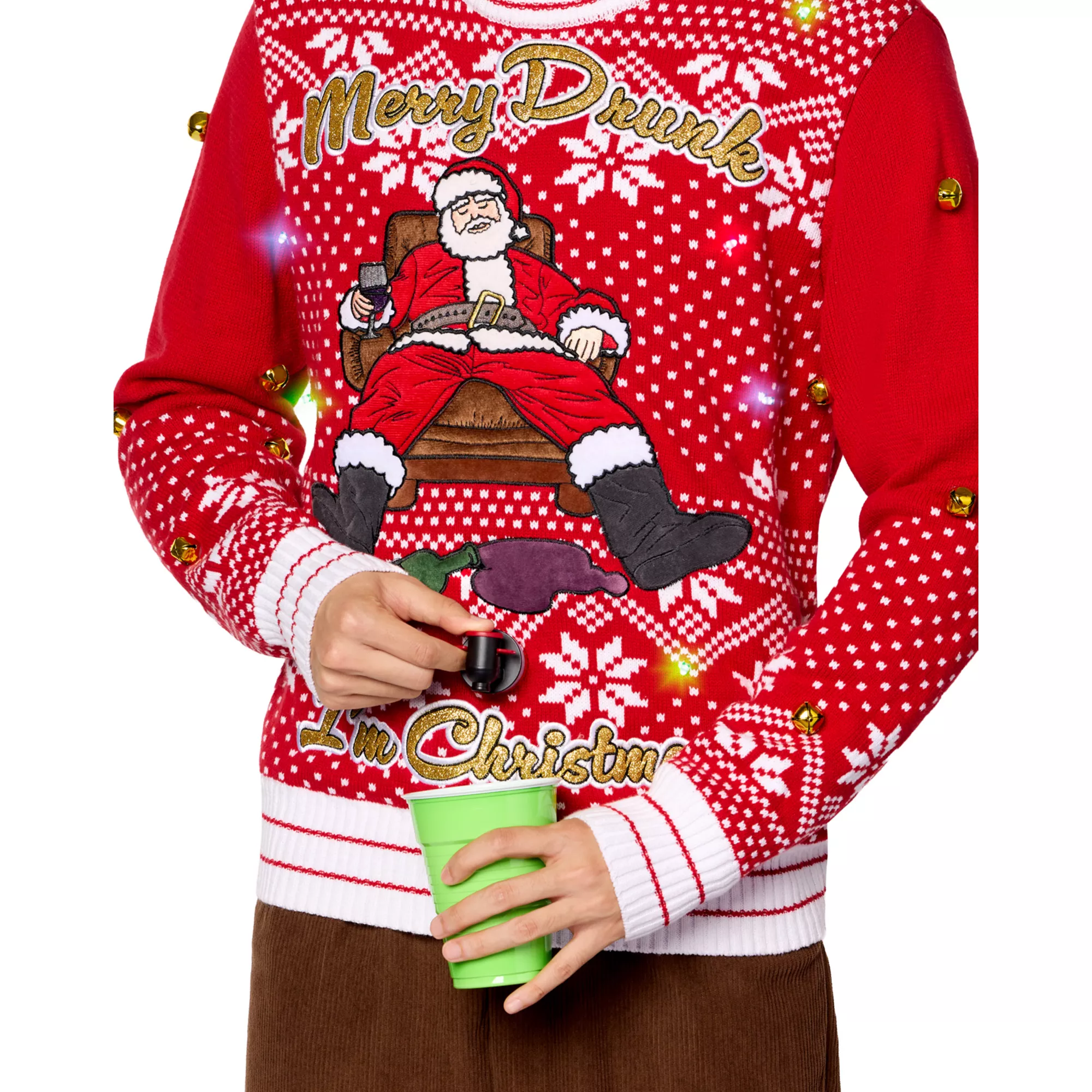 BOOZE BELLY™ Light-Up Merry Drunk Santa Beverage Dispenser Christmas Sweater at Spencer's