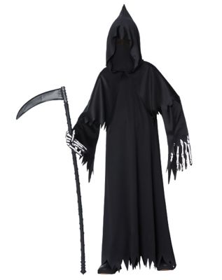 Grim Reaper Halloween Costume with Glowing Red Eyes for Kids, Reaper Scythe  Included- Black(Medium)