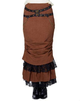 COSDREAMER Women's Steampunk Gothic High Low Skirt - Victorian Bustle Style, Brown Satin, Drawstring Waist