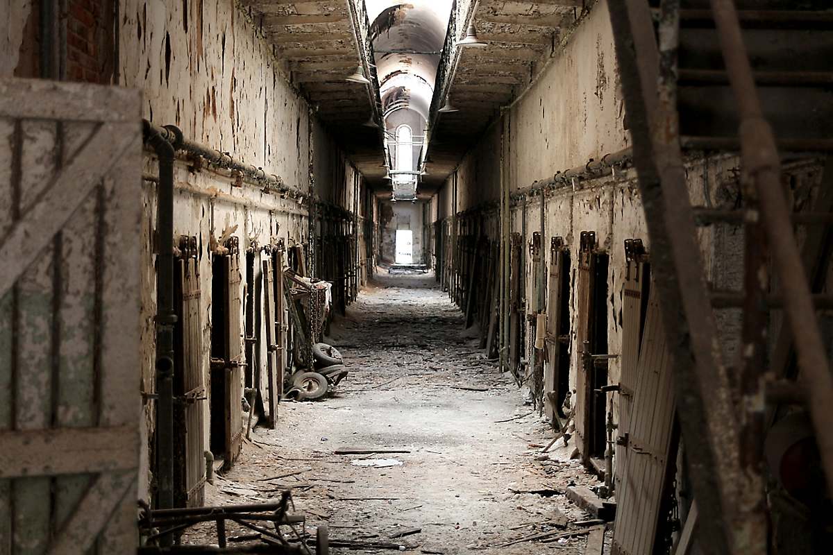 A dilapidated corridor at Eastern State Penitentiary in Philadelphia, PA