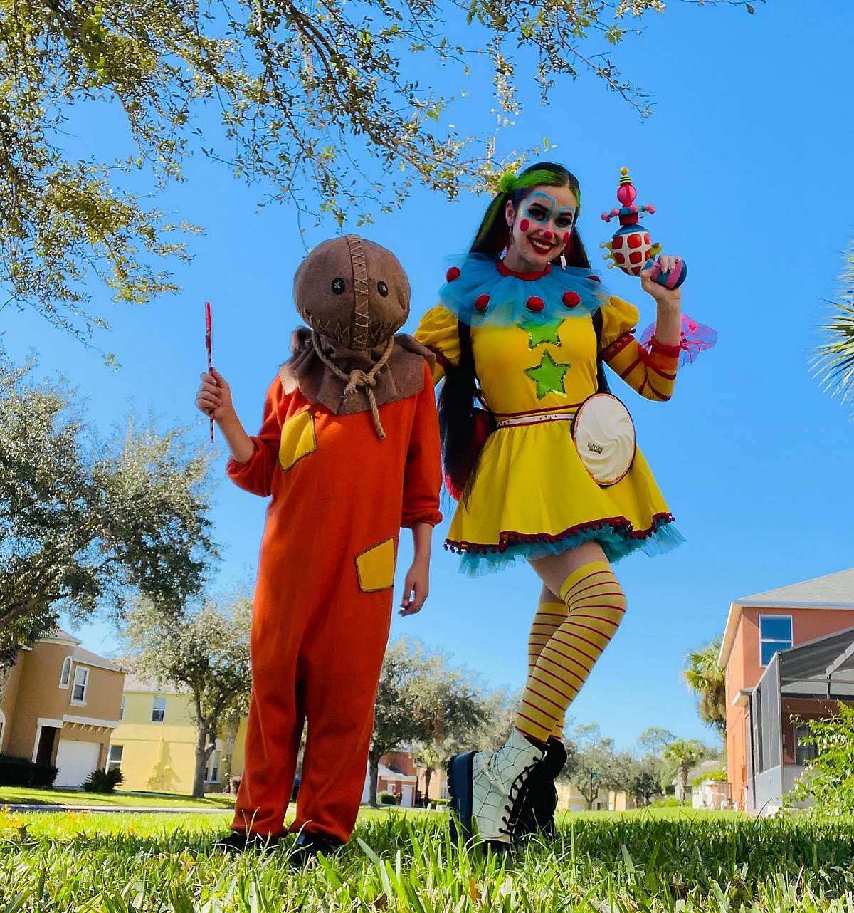 Kids dressing up as Sam from Trick 'r Treat and Killer Klowns from Outer Space